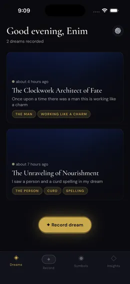Dream Decoder home screen showing a list of interpreted dreams with gold tags