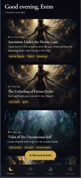 Dream Decoder home screen showing a list of interpreted dreams with gold tags