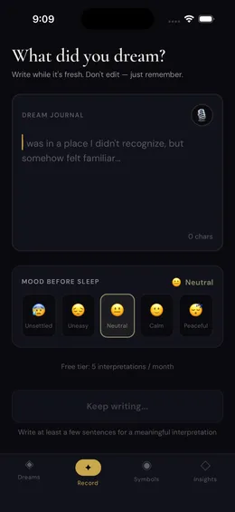 Dream recording screen showing a journal entry with mood selector