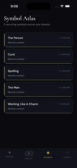 Symbol Atlas screen showing recurring dream symbols